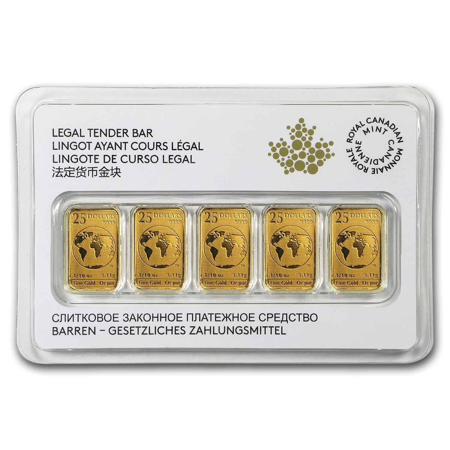 ROYAL CANADIAN MINT 2016 Canada 1/10 oz Gold $25 5-Bar Set (In Assay)