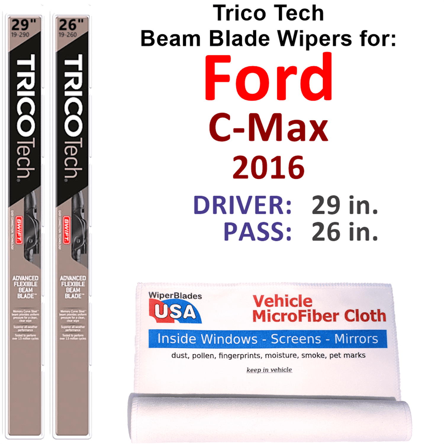 HQ Automotive 3-Piece Wiper Blade Set For Ford C-Max MK2 - Front & Rear, Nanotech