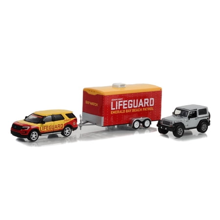 2016 Ford Explorer & 2013 Jeep Wrangler w/Hauler, Baywatch - Greenlight - 1/64 scale Diecast Car
