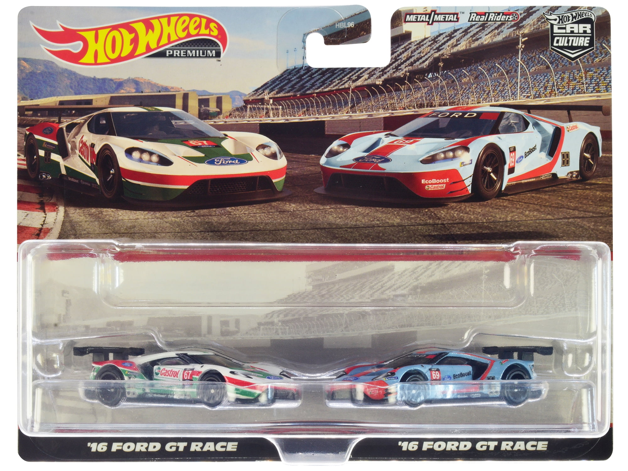 2016 Ford GT Race #67 White w/Green and Red & 2016 #69 Light Blue Met w/Orange Set of 2 Cars Diecast Model Cars by Hot Wheels
