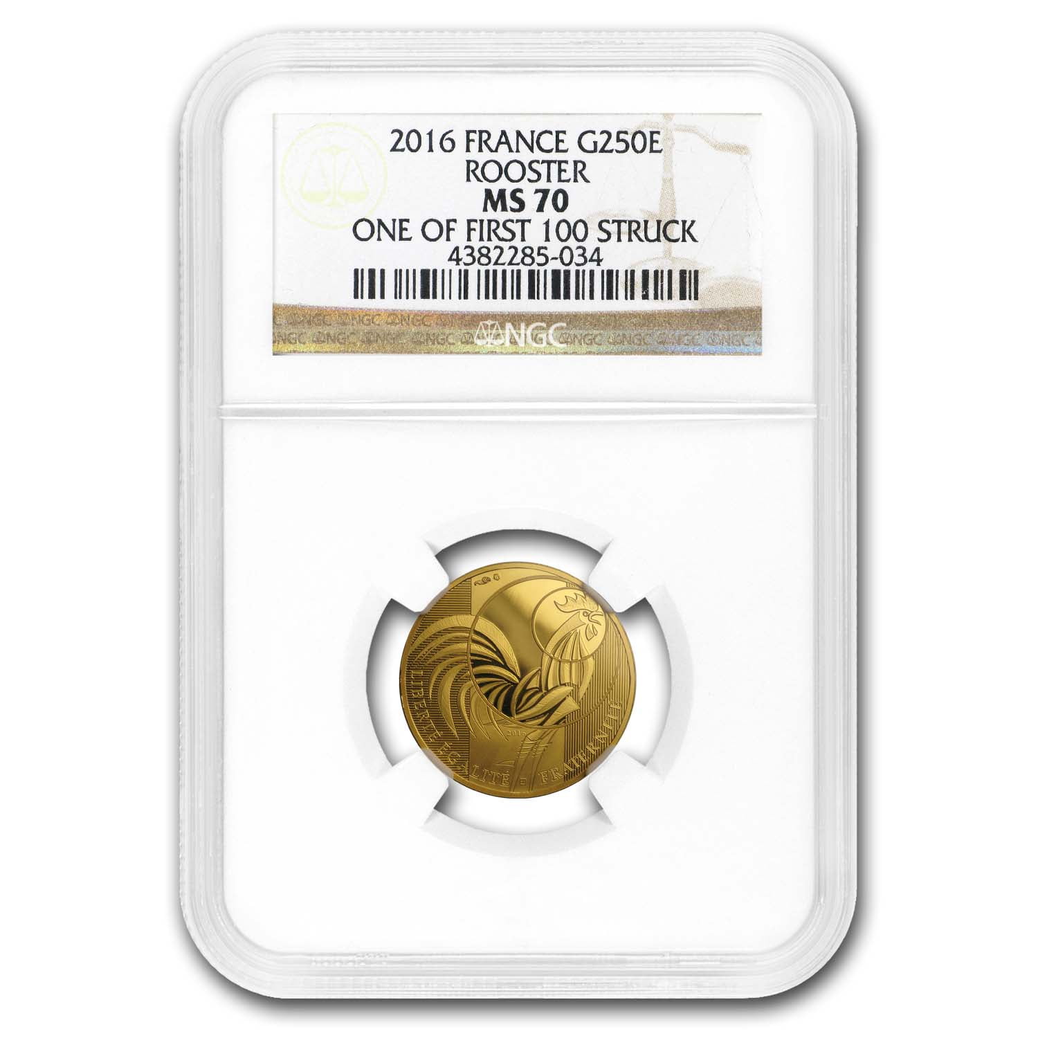 MONNAIE DE PARIS 2016 France Gold 250 Rooster MS-70 NGC (Face Value Coin)