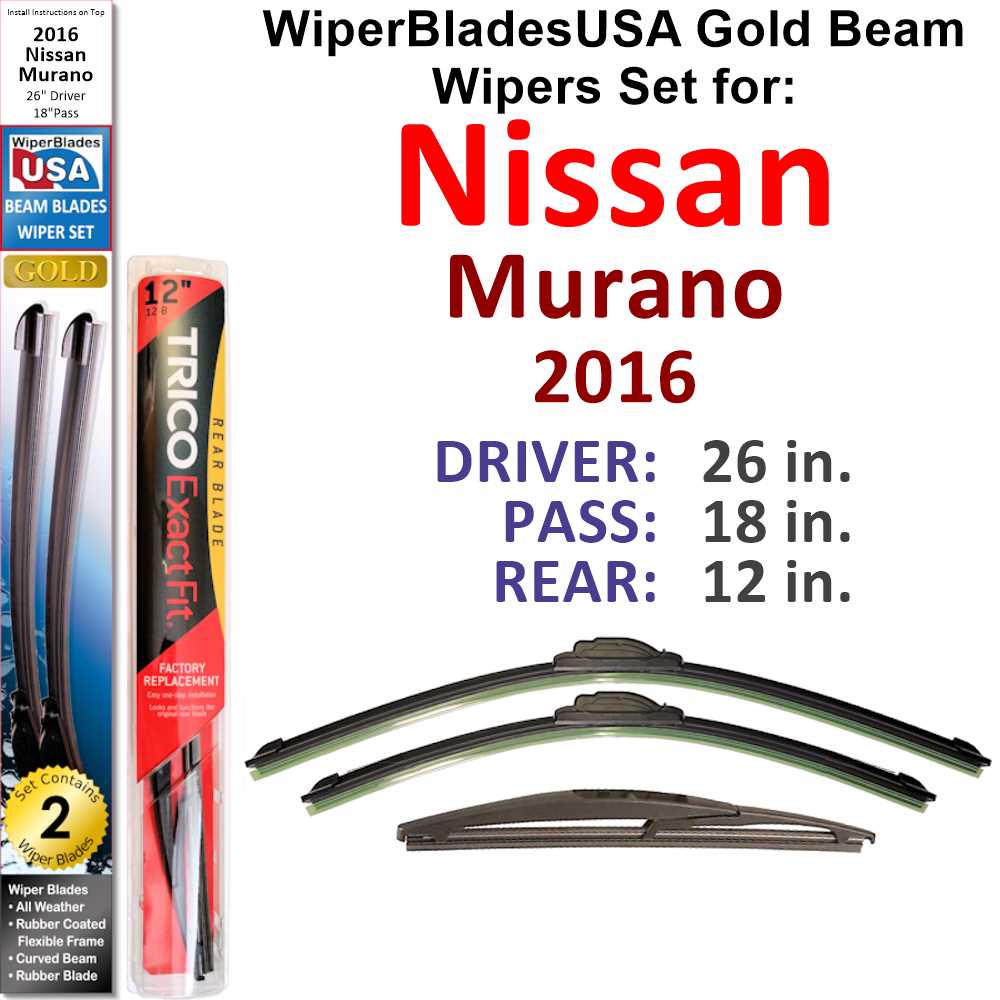 2016 Nissan Murano compatible Beam Wiper Blades Wipers WBUSA (Set of 3