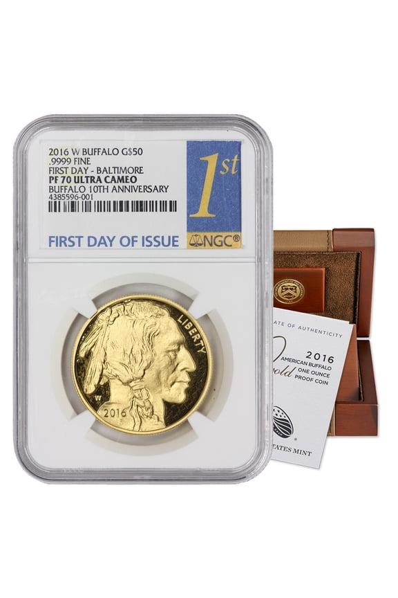 2016-W $50 Gold Buffalo NGC PF70 Ultra Cameo First Day of Issue Baltimore 1st Label with Original Government Packaging U.S. Mint Coin