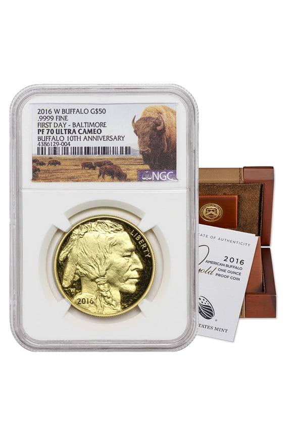 2016-W $50 Gold Buffalo NGC PF70 Ultra Cameo First Day of Issue Baltimore Bison Label with Original Government Packaging U.S. Mint Coin