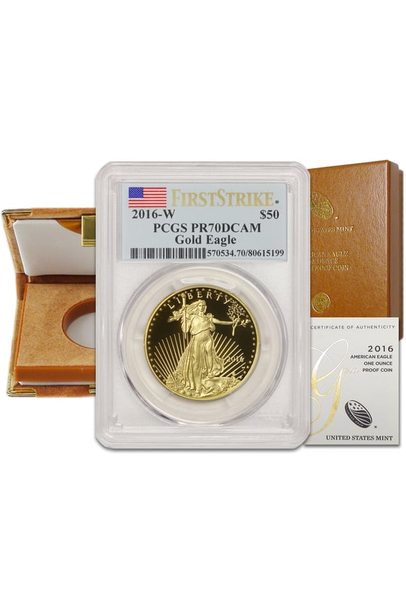 2016-W $50 Gold Eagle PCGS PR70 Deep Cameo First Strike Flag Label with Original Government Packaging