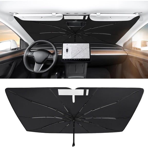 2017-2026 Tesla Model Y Model 3 Windshield Sunshade Umbrell [Nano Ice Crystal Particle] Front Window Shade, Coating 100% Heat Protection Retractable Sunshades (Standard/Premium/Performance)