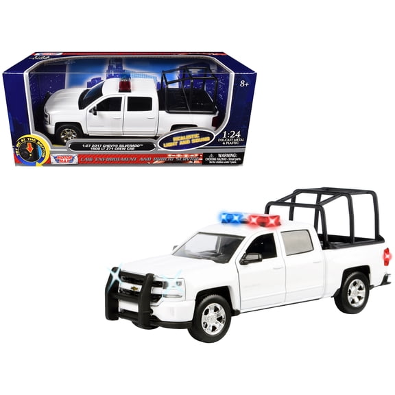 2017 Chevrolet Silverado 1500 LT Z71 Crew Cab Pickup Truck with White with Flashing Light Bar and Front and Rear Lights and Sounds 1/27 Diecast Model Car by Motormax