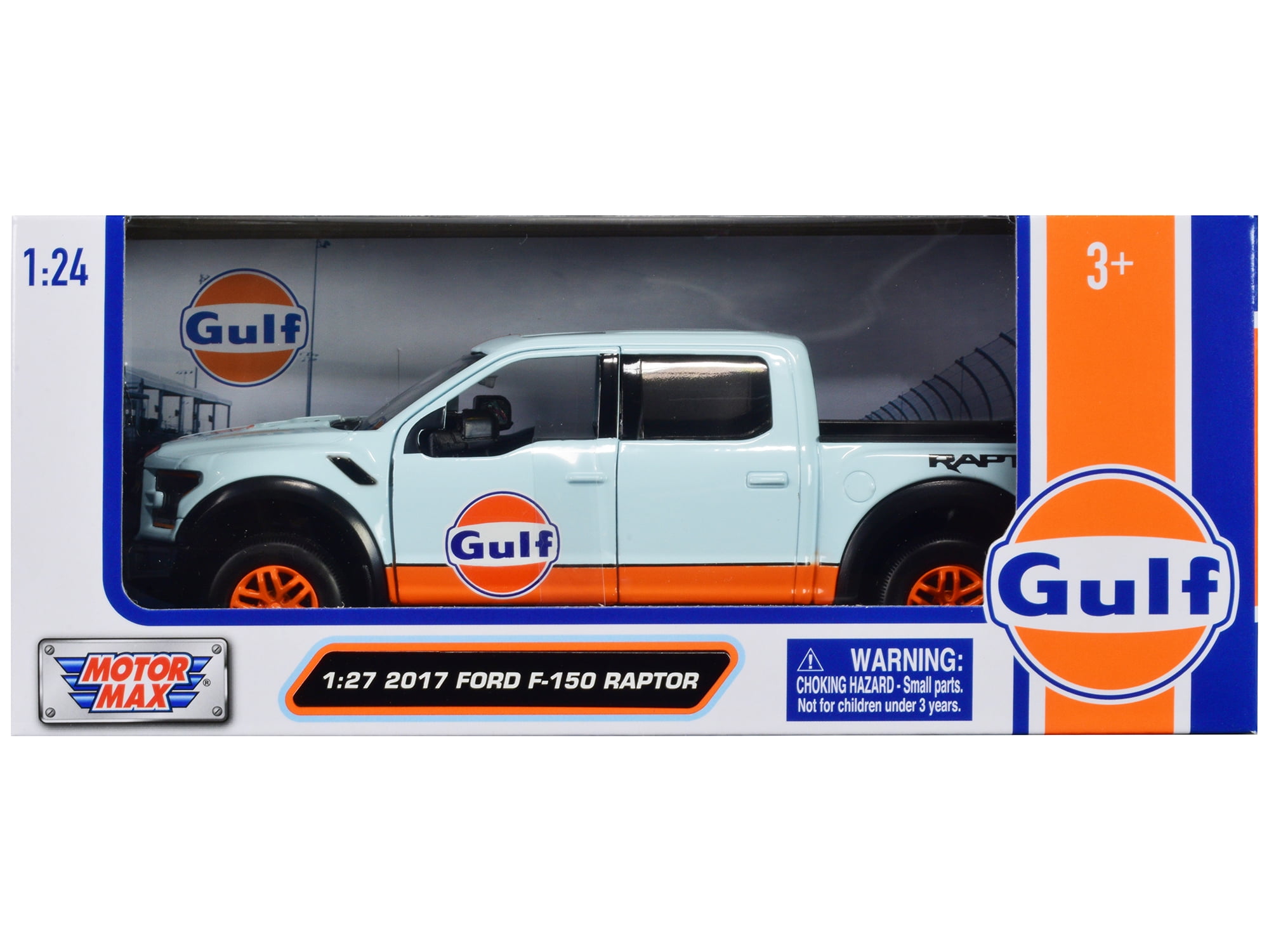 2017 Ford F-150 Raptor Truck Light Blue w/Orange "Gulf Oil" "Gulf Die-Cast Collection" 1/27 Diecast Model Car by Motormax