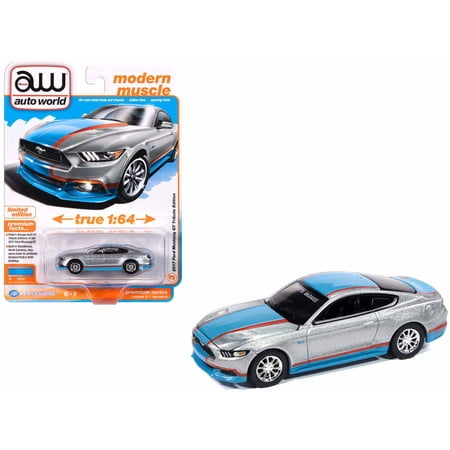 2017 Ford Mustang GT Tribute Edition Ingot Silver Metallic with Petty Blue and Red 1/64 Diecast Model Car by Auto World