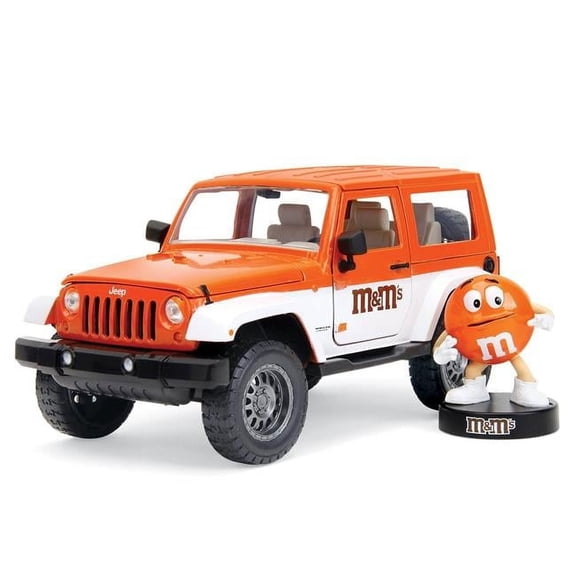 2017 Jeep Wrangler Orange & M&M Diecast Figure M&Ms Hollywood Rides Series 1 by 24 Scale Diecast Model Car, White & Orange Metallic