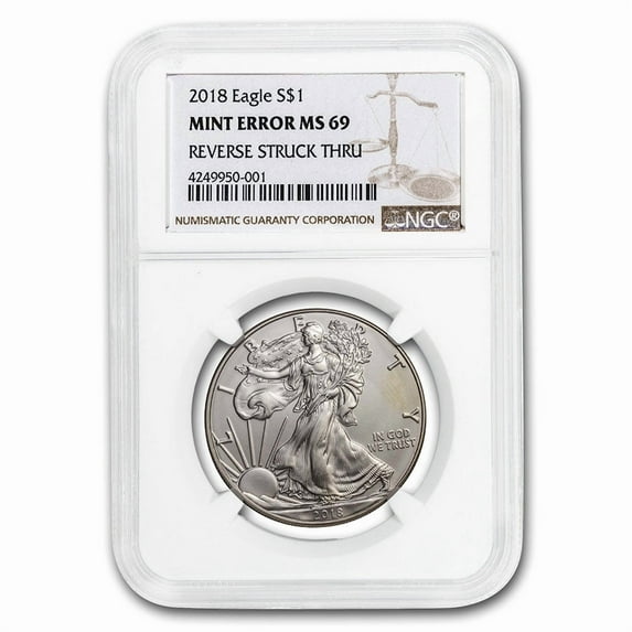 2018 American Silver Eagle MS-69 NGC (Error, Rev Struck Thru)