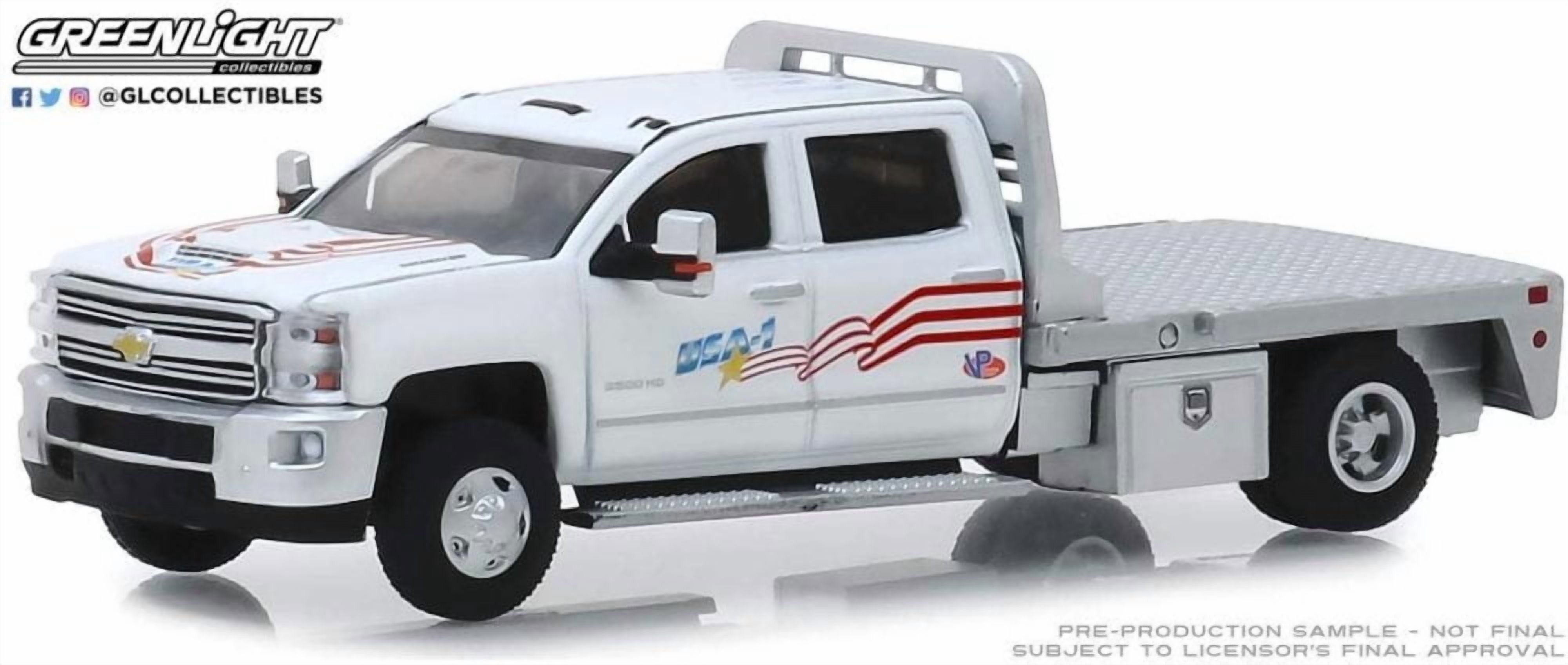 Greenlight Diecast Model Toy Car 2018 Chevy Silverado 3500 Dually Flatbed USA-1 1/64 Scale