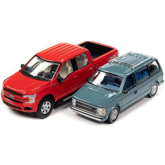 2018 Ford F-150 Pickup Truck Red and 1984 Dodge Caravan Minivan Blue Metallic 1/64 Diecast Model Cars by Auto World