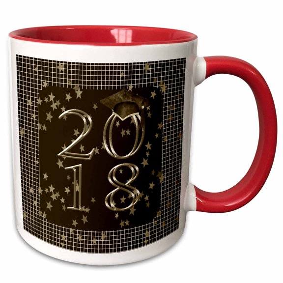 3drose, 2018 Graduation Cap, Stars on Graph Paper, Sepia and Gold, 15oz Two-tone Red Mug