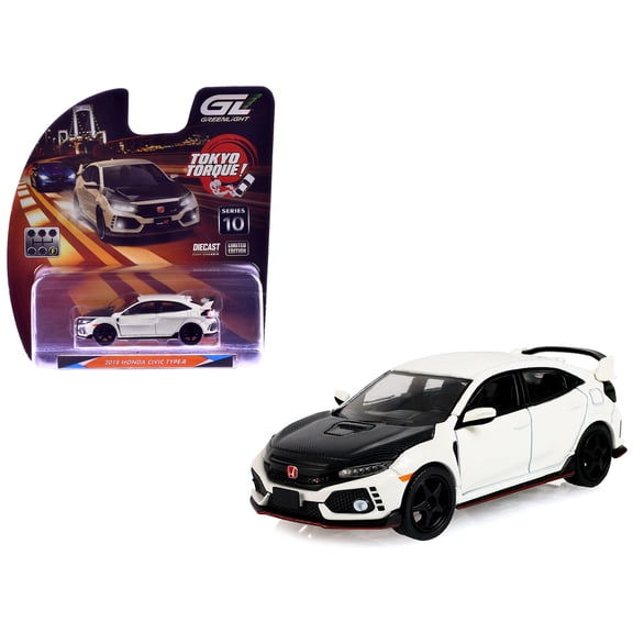 2018 Honda Civic Type-R (FK8) RHD Championship White with Carbon Hood "Tokyo Torque" 1/64 Diecast Model Car by Greenlight