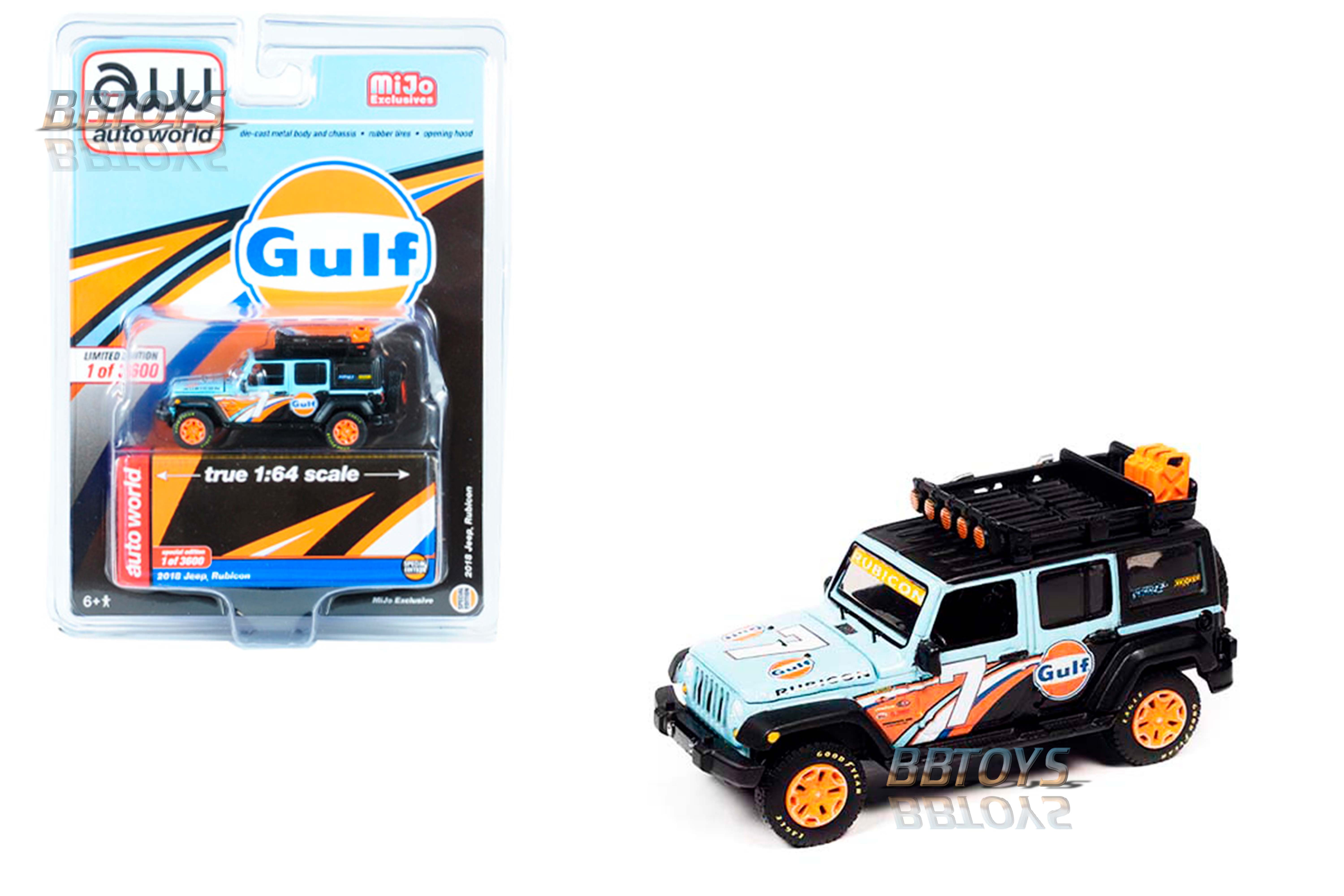 2018 Jeep Rubicon with Roof Rack #7 "Gulf Oil" Light Blue and Black Limited Edition 1/64 Diecast Model Car by Auto World