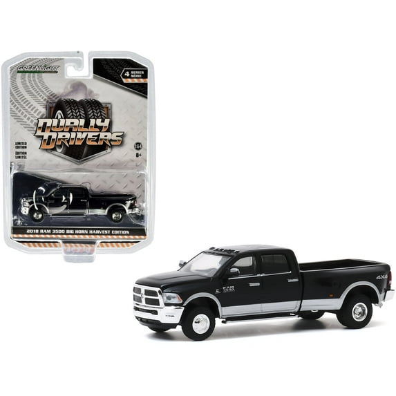 2018 RAM 3500 Big Horn Dually Pickup Truck Harvest Edition Black and Bright Silver "Dually Drivers" Series 4 1/64 Diecast Model Car by Greenlight