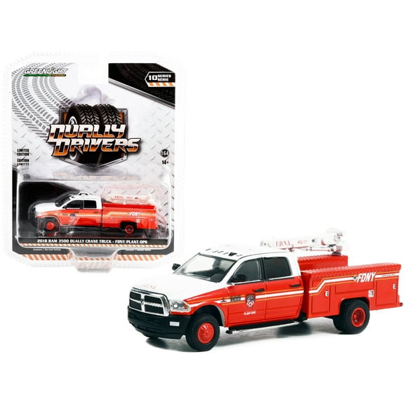 2018 Ram 3500 Dually Crane Truck Red and White with Stripes "FDNY (Fire Department of the City of New York) Plant Ops" "Dually Drivers" Series 10 1/64 Diecast Model Car by Greenlight