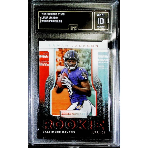 2018 Rookies and Stars Rookie Rush #RR-10 Lamar Jackson RC Rookie GMA 10 GEM MINT Baltimore Ravens Football Trading Card