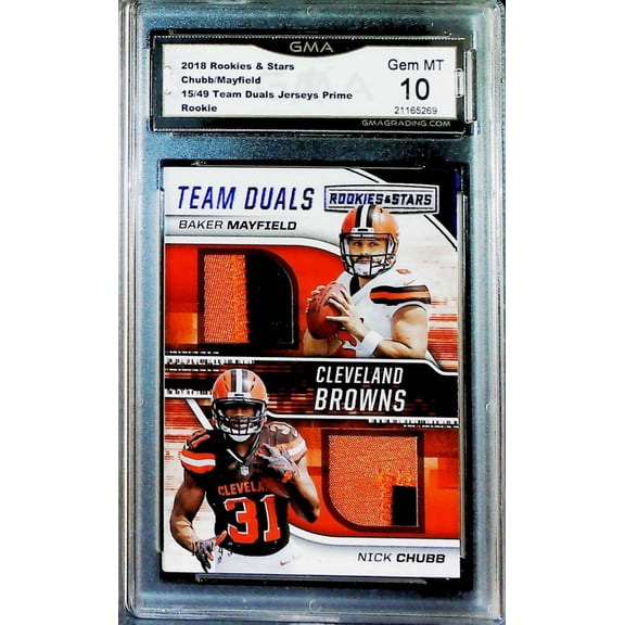 2018 Rookies and Stars Team Duals Jersey Patch Prime Rookies Nick Chubb Baker Mayfield Cleveland Browns GMA 10 GEM MINT