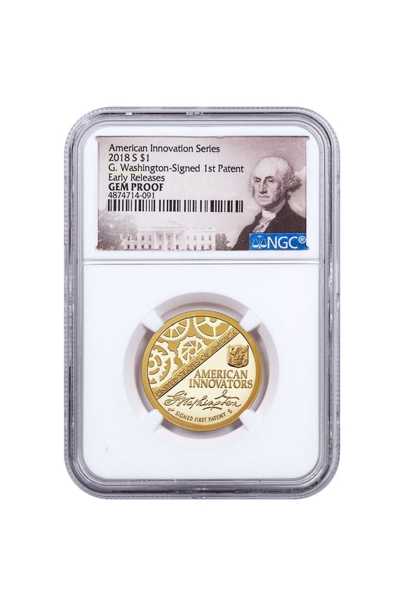2018-S American Innovation Washington-Signed First Patent Commemorative Clad Dollar Proof NGC ER Washington Label