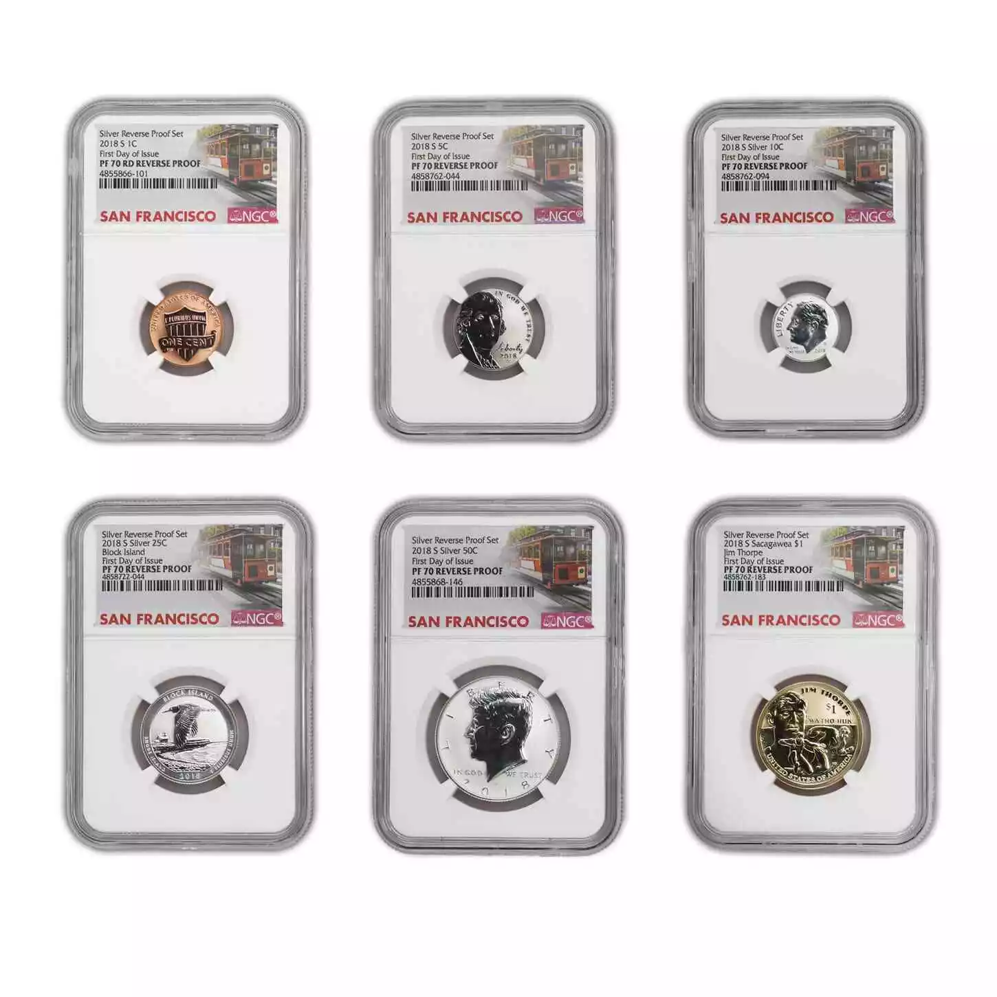 U.S. MINT 2018-S Silver Reverse PF70 NGC First Day of Issue Six Coin Set