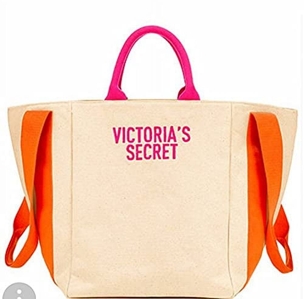 2018 Victoria's Secret Bombshell Large Summer Beach Tote Bag, Canvas with  Nylon Interior and Zippered Interior Pouch, Orange Shoulder Straps and Pink  Handles 