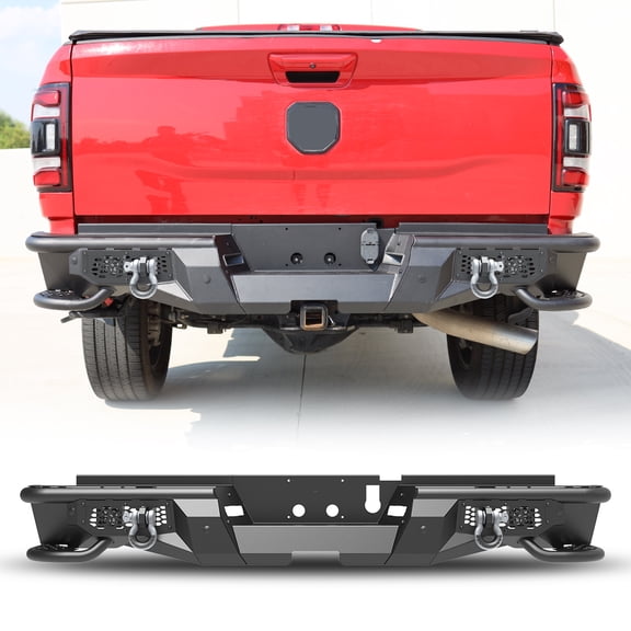 2019-2024 Ram 2500 Rear Bumper, Heavy Duty Full Width Modular 3-Piece Steel Bumper Replacement with D-Rings, Pod Lights, Parking Sensor Compatible, OEM Hitch & License Plate Compatible