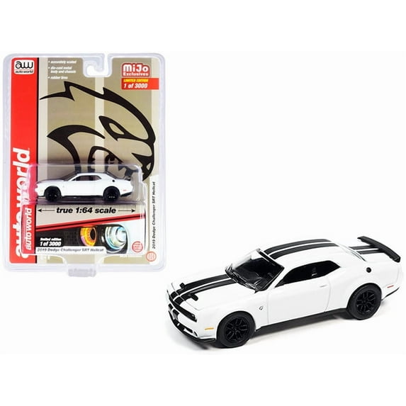 2019 Dodge Challenger SRT Hellcat White with Black Stripes Limited Edition to 3000 pieces Worldwide 1/64 Diecast Model Car by Autoworld