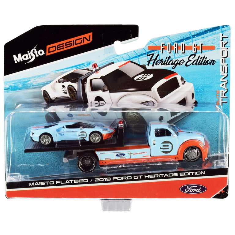 2019 Ford GT 9 Heritage Edition with Flatbed Truck Light Blue and Orange