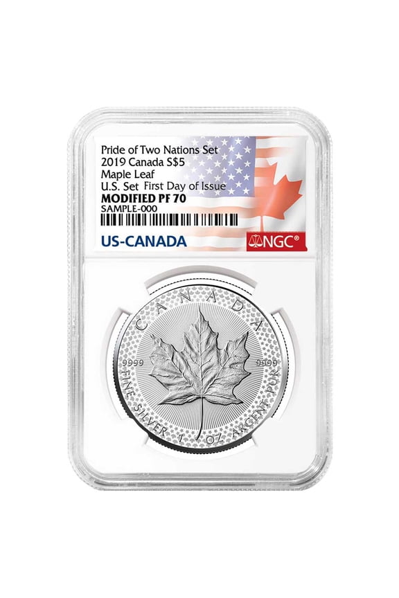 2019 Modified Proof $5 Silver Canadian Maple Leaf NGC PF70UC FDI Flags Label Pride of Two Nations U.S. Set