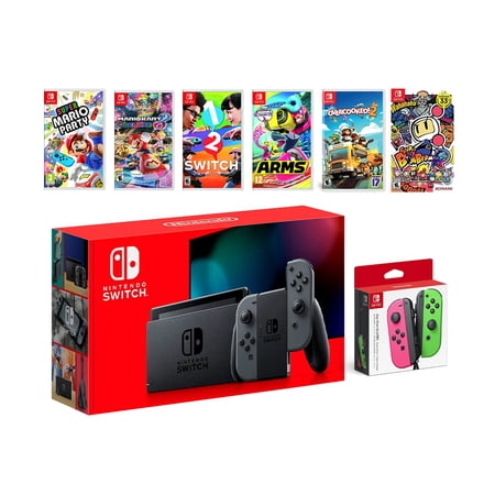 2019 New Nintendo Switch Gray Joy-Con Console Multiplayer Party Game Bundle + Neon Pink/Green Joy-Con, Super Mario Party, Mario Kart 8 Deluxe, 1-2 Switch, Arms, Overcooked 2, Super Bomberman R