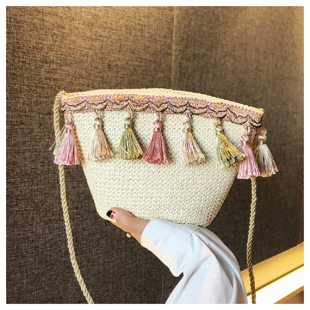 2019 New Style Summer Tassel Handbags Girls Women's Straw Bucket Bag Woven Crossbody Zipper Beach Colorful Bags