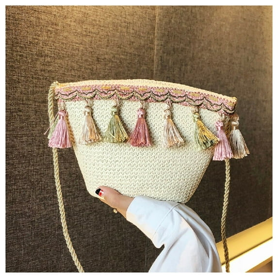 2019 New Style Summer Tassel Handbags Girls Women's Straw Bucket Bag Woven Crossbody Zipper Beach Colorful Bags
