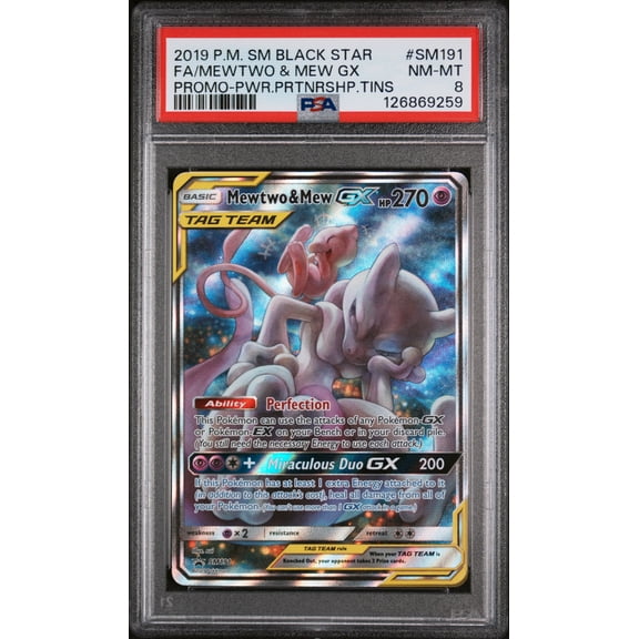 2019 Pokemon Sun and Moon Black Star Promo Power Partnership Tins Mew/Mewtwo Gx #SM191 PSA 8