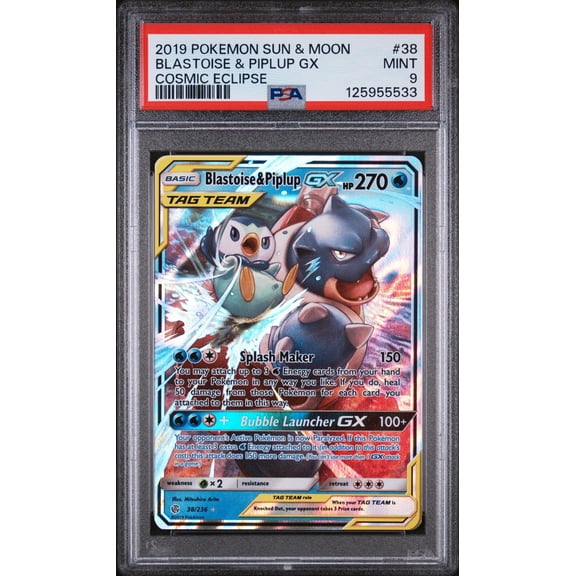 2019 Pokemon Sun and Moon Cosmic Eclipse Blastoise/Piplup Gx #38 PSA 9