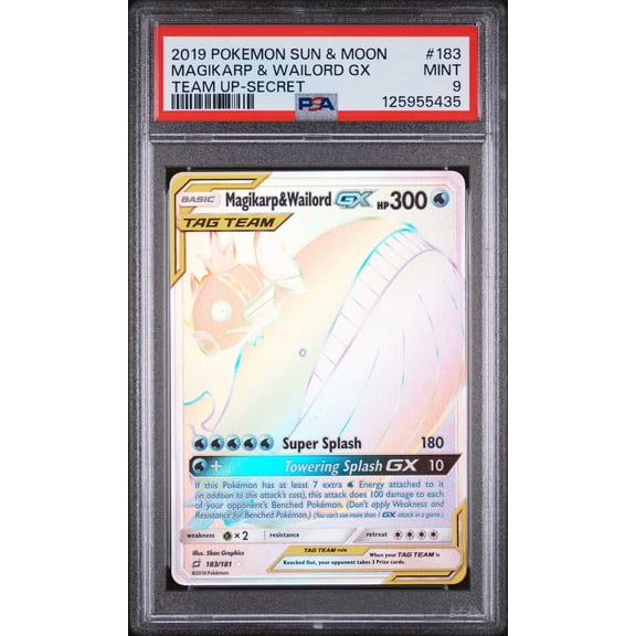 2019 Pokemon Sun and Moon Team Up Secret Rare Magikarp/Wailord Gx #183 PSA 9