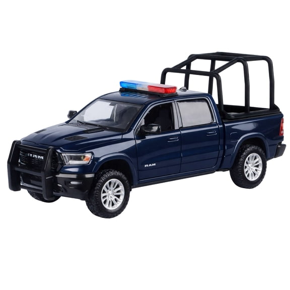 2019 RAM 1500 Laramie Crew Cab Pickup Truck with Bed Cage Dark Blue with Lights and Sounds 1/27 Diecast Model Car by Motormax