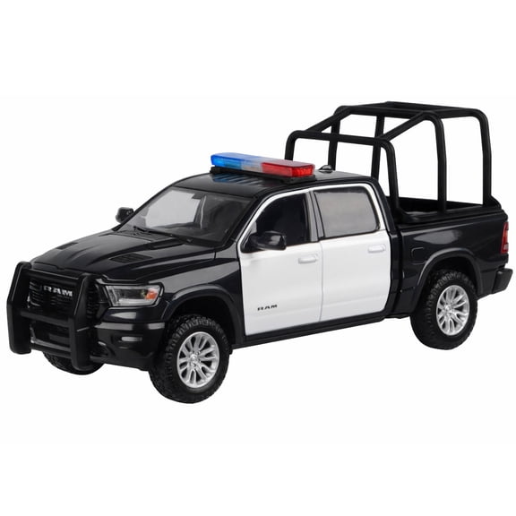 2019 RAM 1500 Laramie Crew Cab Truck with Bed Cage Black and White with Lights and Sounds 1/27 Diecast Model Car by Motormax