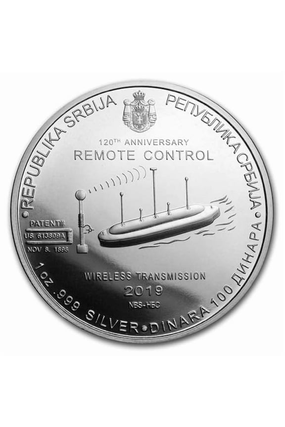2019 Serbia 1 oz Silver 100 Dinar Nikola Tesla: Remote Control BU