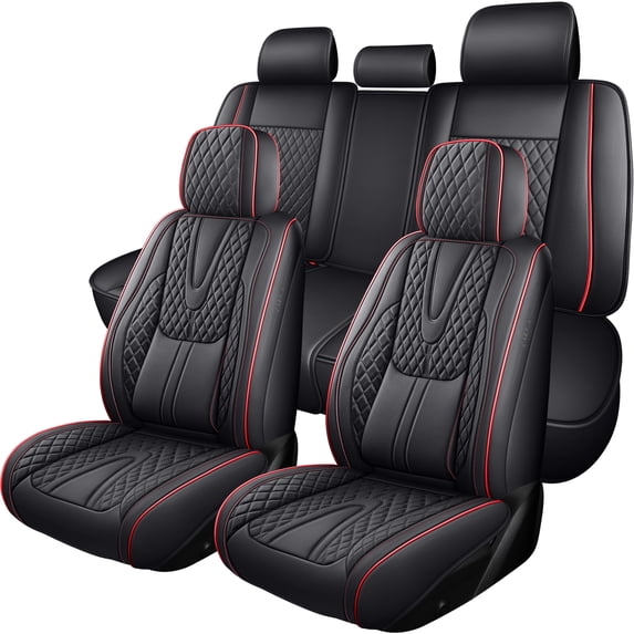 2019 for TOYOTA 4RUNNER Seat Cover, Black and Red Trim Car Seat Covers, Leather 5 Seats Full Set With Lumbar Support Protect and Upgrade Seats, Airbag-Compatible
