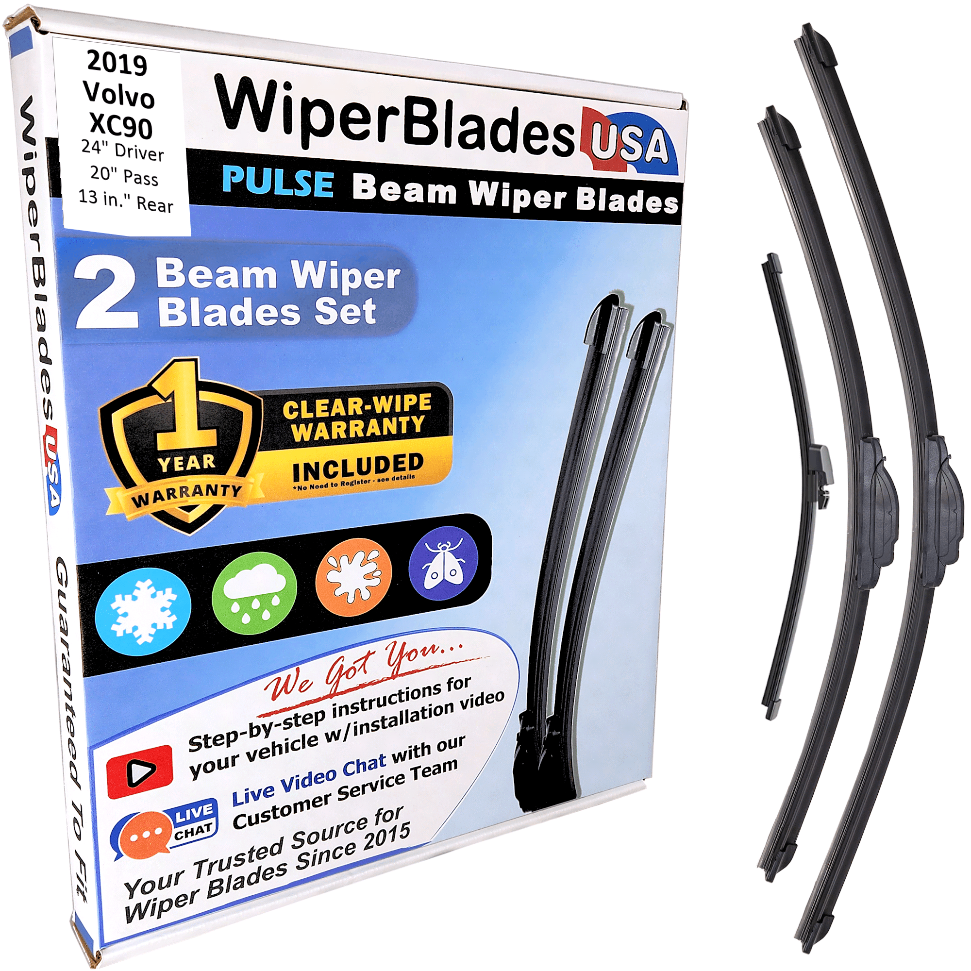 2019 Volvo XC90 Beam Wiper Blades Wipers w/1yr Warranty (Set of 3) w/Rear Wiper (WiperBladesUSA)