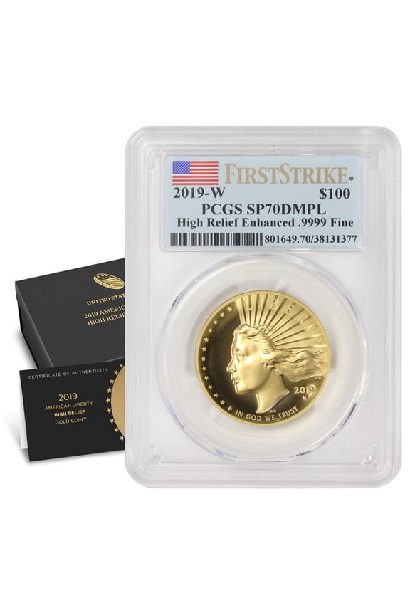 2019-W $100 Gold High Relief Liberty PCGS SP70 Deep Mirror Proof-like First Strike Flag Label with Original Government Packaging U.S. Mint Coin