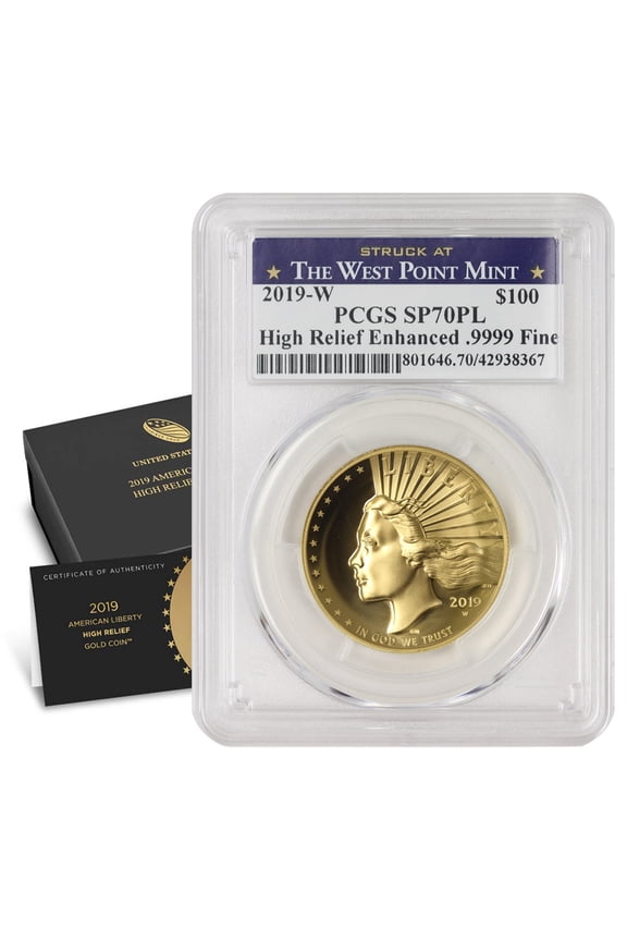 2019-W $100 Gold High Relief Liberty PCGS SP70 Proof Like West Point Label with Original Government Packaging U.S. Mint Coin