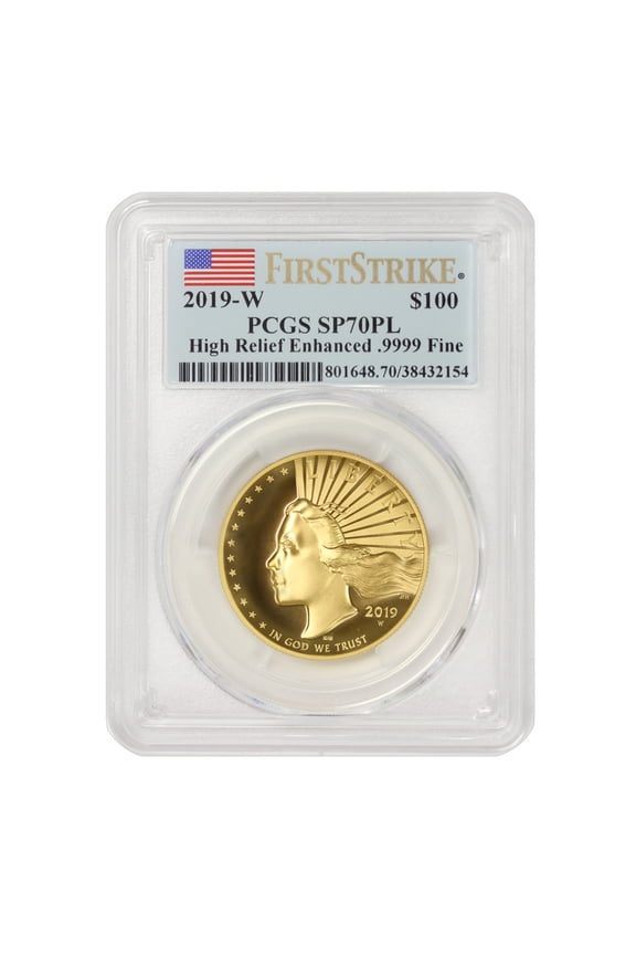 2019-W $100 Gold High Relief Liberty PCGS SP70 Proof-like First Strike Flag Label with Original Government Packaging U.S. Mint Coin