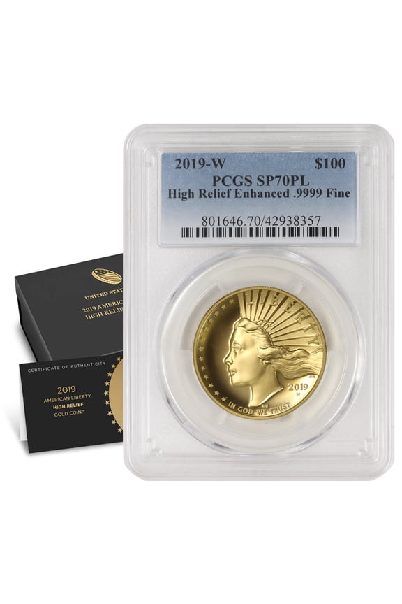 2019-W $100 Gold High Relief PCGS SP70 Proof-like with Original Government Packaging U.S. Mint Coin