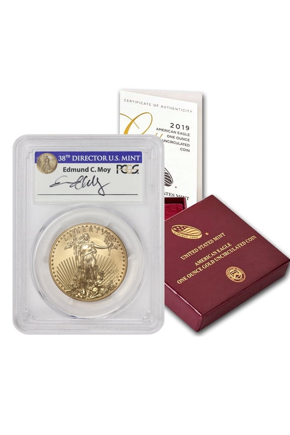 2019-W $50 Gold Eagle PCGS SP70 First Day of Issue Washington DC Moy Label with Original Government Packaging U.S. Mint Coin