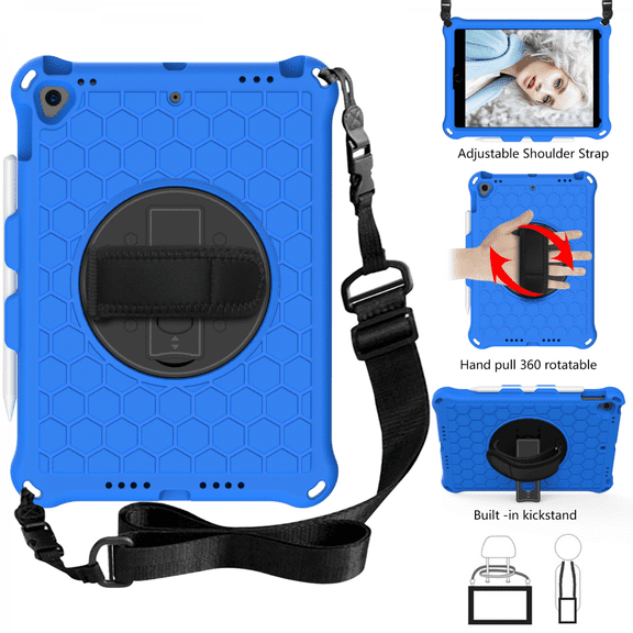 For 2019 iPad Air 10.5, iPad Pro 10.5" Case, Case with Screen Protector, Swivel Stand, Hand Strap and Shoulder Strap Pen Holder for Everyday Use - Blue