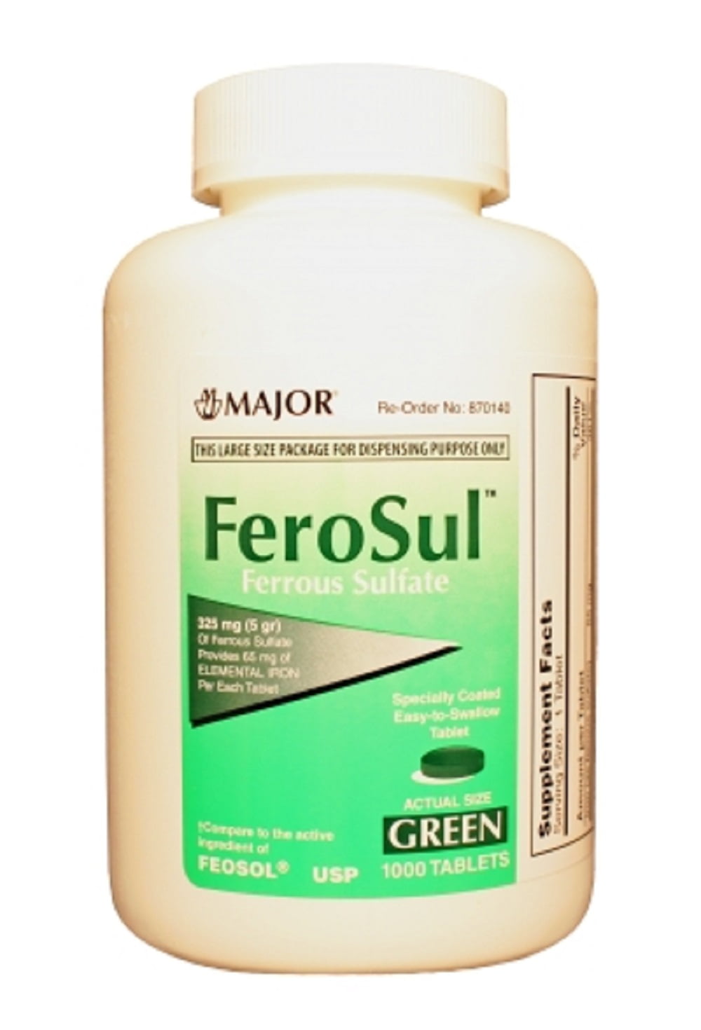 201MJRX MAJOR FEROSUL 5GR FC GREEN TABS FERROUS SULFATE-325 MG Green 1000 TABLETS UPC 309047591800 (PACK of 2)