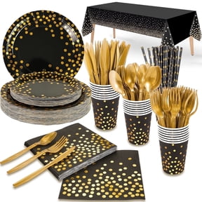 201PCS Party Tableware Set Serves 25, Gold Polka Dot Plates Napkins and Tablecloth for Birthday Baby Shower Graduation Wedding Holiday Party